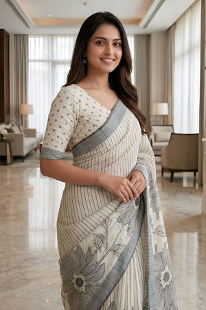 Black Floral Printed Linen Saree (ACA8848)