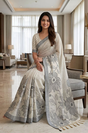 Black Floral Printed Linen Saree (ACA8848)