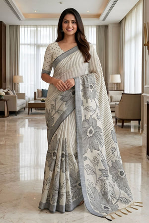 Black Floral Printed Linen Saree (ACA8848)