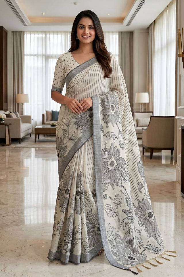 Black Floral Printed Linen Saree (ACA8848)