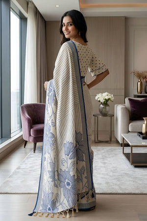 Blue Floral Printed Linen Saree (ACA8849)