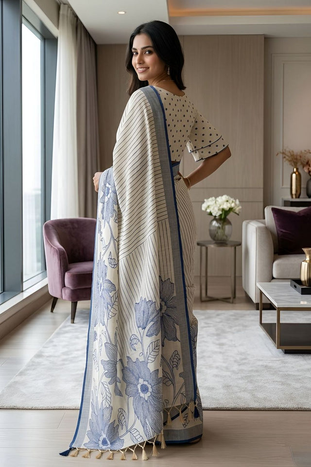 Blue Floral Printed Linen Saree (ACA8849)