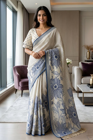 Blue Floral Printed Linen Saree (ACA8849)