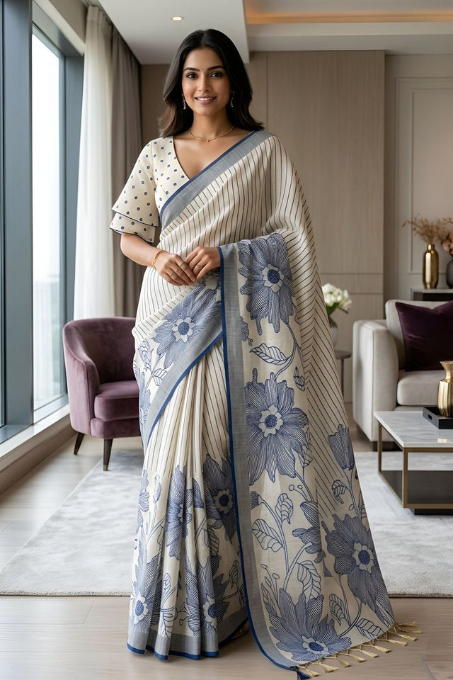 Blue Floral Printed Linen Saree (ACA8849)