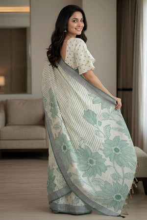Green Floral Printed Linen Saree (ACA8850)