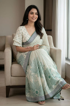 Green Floral Printed Linen Saree (ACA8850)