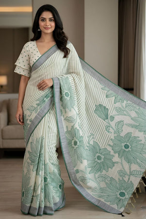 Green Floral Printed Linen Saree (ACA8850)