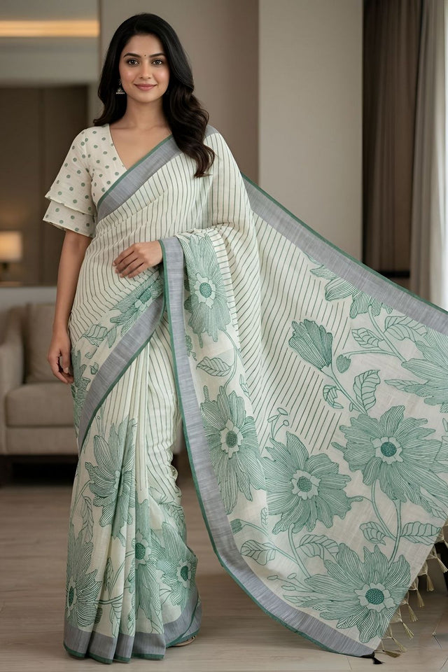 Green Floral Printed Linen Saree (ACA8850)