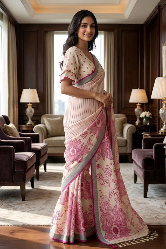 Pink Floral Printed Linen Saree (ACA8851)