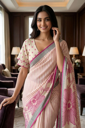 Pink Floral Printed Linen Saree (ACA8851)
