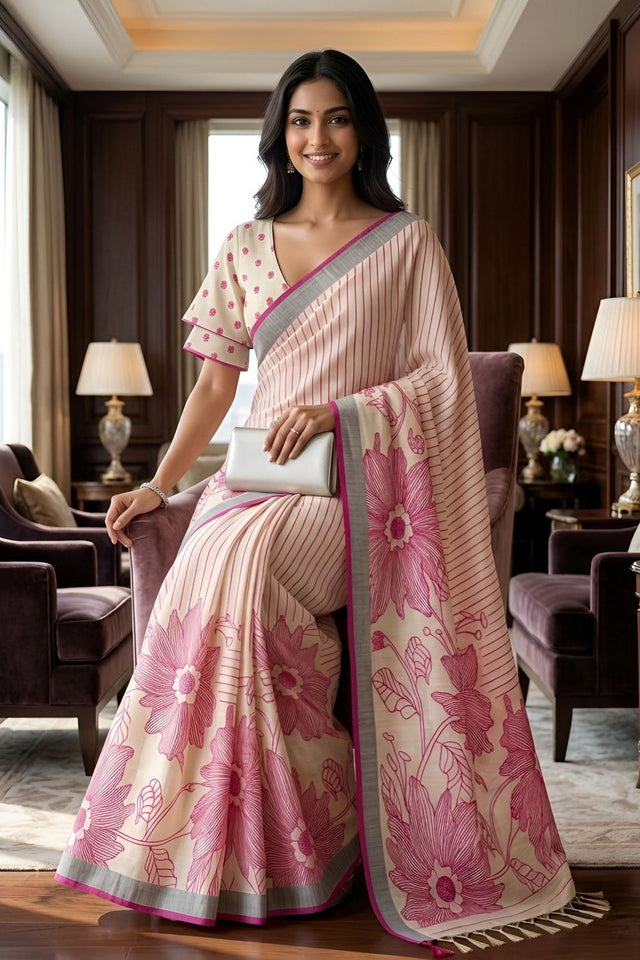 Pink Floral Printed Linen Saree (ACA8851)