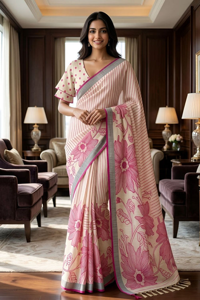 Pink Floral Printed Linen Saree (ACA8851)