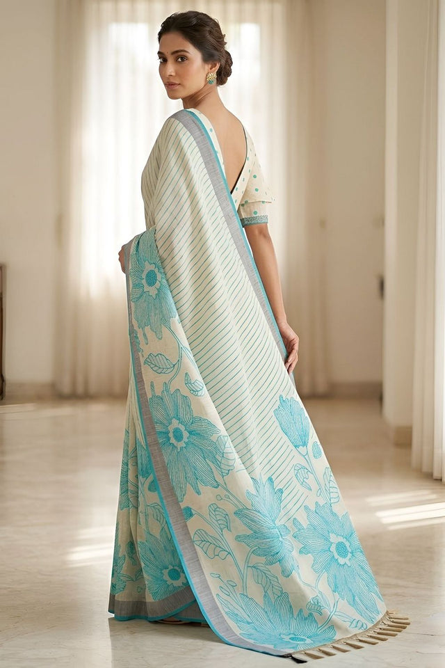 Turquoise Floral Printed Linen Saree (ACA8852)