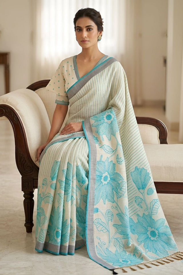 Turquoise Floral Printed Linen Saree (ACA8852)