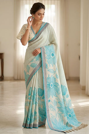 Turquoise Floral Printed Linen Saree (ACA8852)