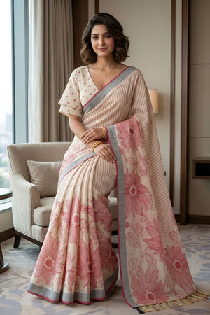 Maroon Floral Printed Linen Saree (ACA8853)