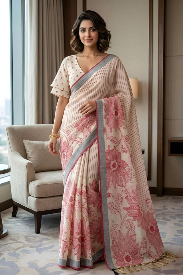 Maroon Floral Printed Linen Saree (ACA8853)