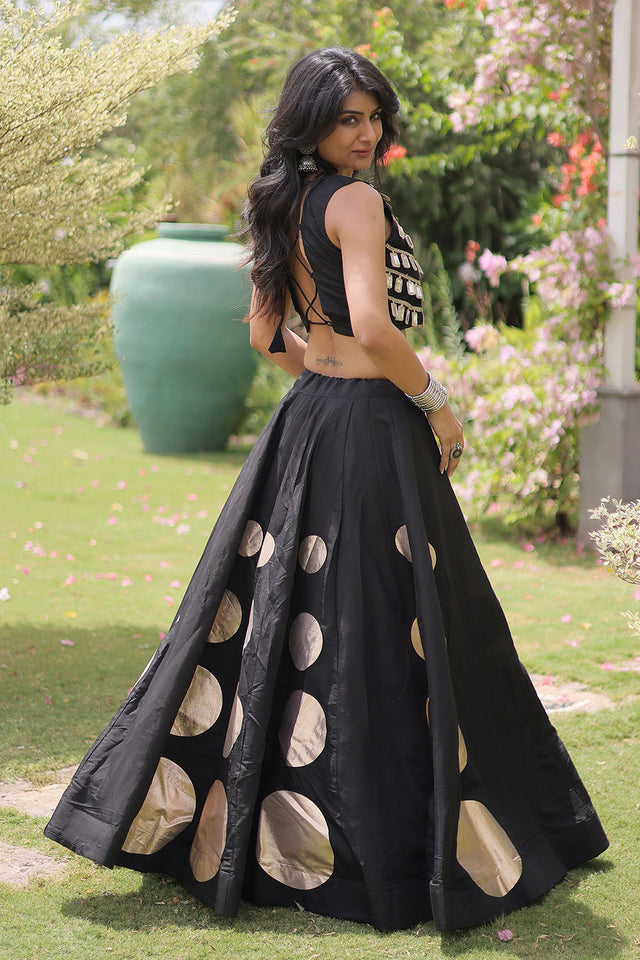 Black Mirror Work Blouse with Printed Silk Lehenga (ACA8854)