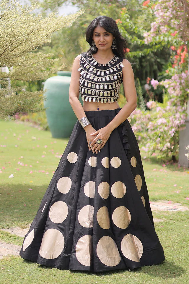 Black Mirror Work Blouse with Printed Silk Lehenga (ACA8854)