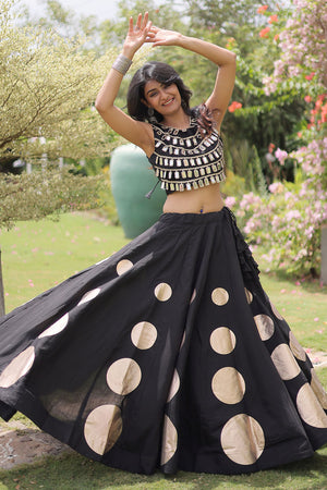 Black Mirror Work Blouse with Printed Silk Lehenga (ACA8854)