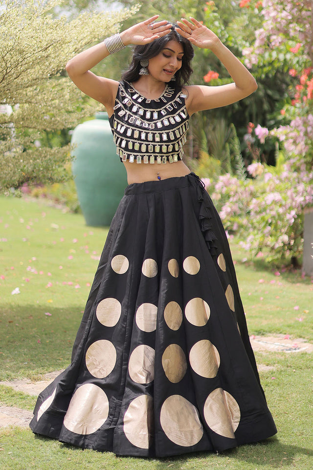 Black Mirror Work Blouse with Printed Silk Lehenga (ACA8854)