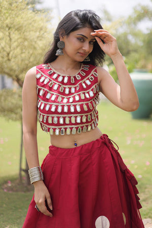 Maroon Mirror Work Blouse with Printed Silk Lehenga (ACA8855)