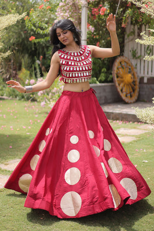 Maroon Mirror Work Blouse with Printed Silk Lehenga (ACA8855)