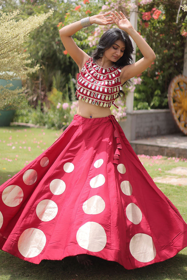 Maroon Mirror Work Blouse with Printed Silk Lehenga (ACA8855)