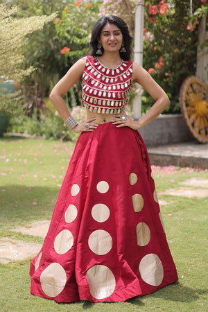 Maroon Mirror Work Blouse with Printed Silk Lehenga (ACA8855)