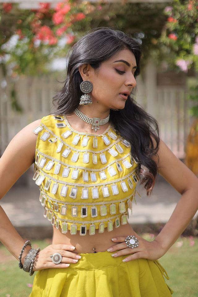 Yellow Mirror Work Blouse with Printed Silk Lehenga (ACA8856)
