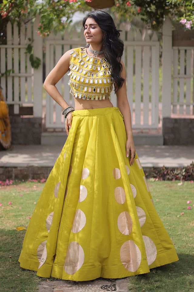 Yellow Mirror Work Blouse with Printed Silk Lehenga (ACA8856)
