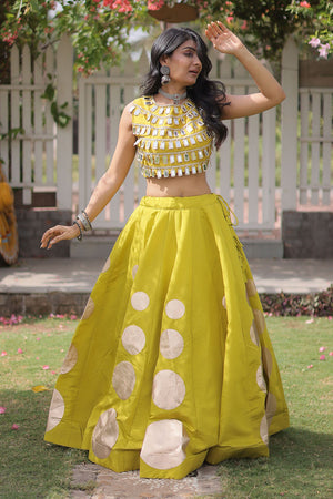 Yellow Mirror Work Blouse with Printed Silk Lehenga (ACA8856)