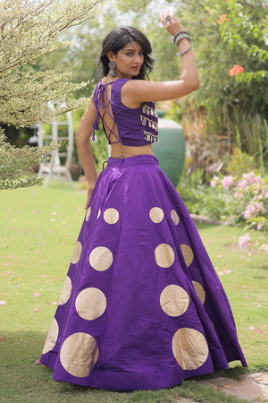 Purple Mirror Work Blouse with Printed Silk Lehenga (ACA8857)