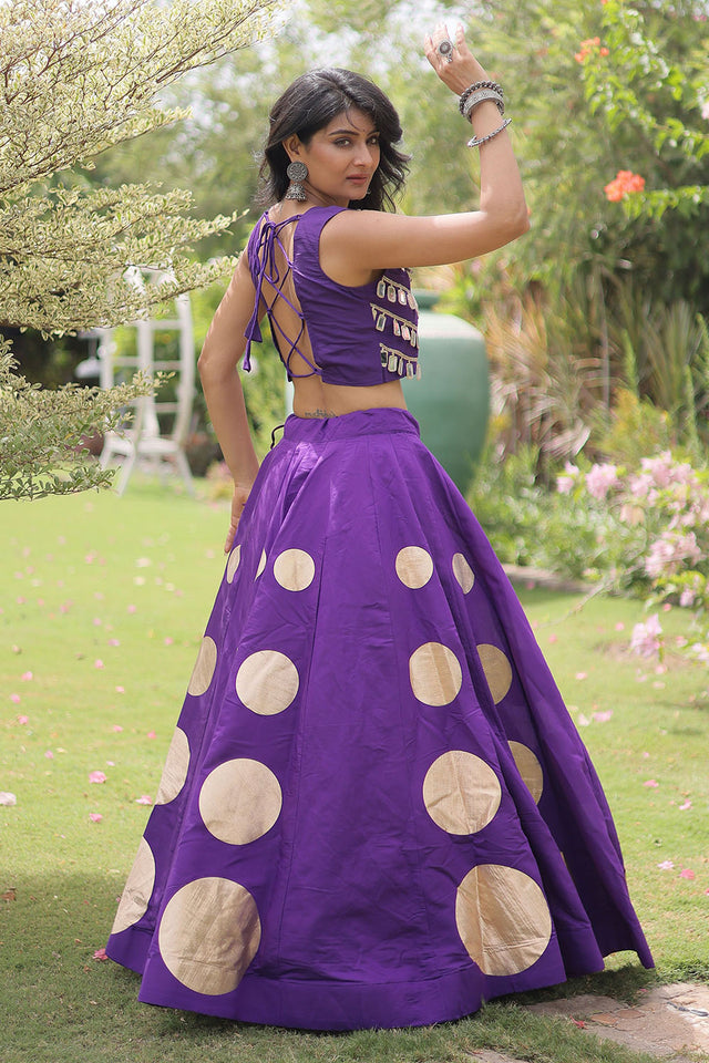 Purple Mirror Work Blouse with Printed Silk Lehenga (ACA8857)