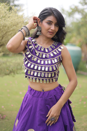 Purple Mirror Work Blouse with Printed Silk Lehenga (ACA8857)