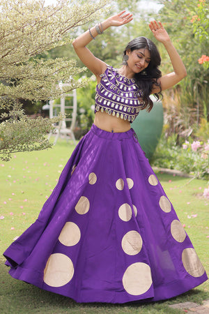 Purple Mirror Work Blouse with Printed Silk Lehenga (ACA8857)