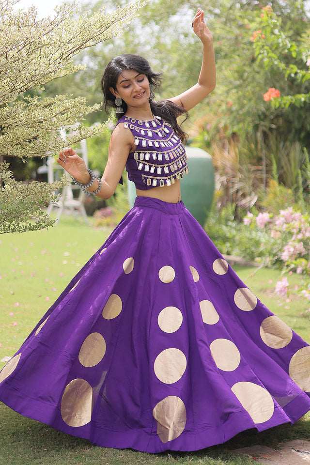 Purple Mirror Work Blouse with Printed Silk Lehenga (ACA8857)