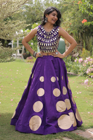 Purple Mirror Work Blouse with Printed Silk Lehenga (ACA8857)