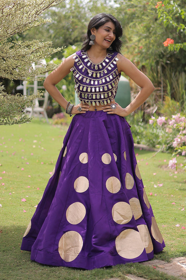 Purple Mirror Work Blouse with Printed Silk Lehenga (ACA8857)