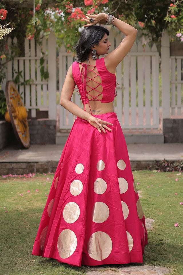Pink Mirror Work Blouse with Printed Silk Lehenga (ACA8858)