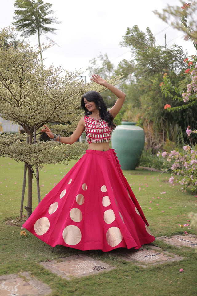 Pink Mirror Work Blouse with Printed Silk Lehenga (ACA8858)