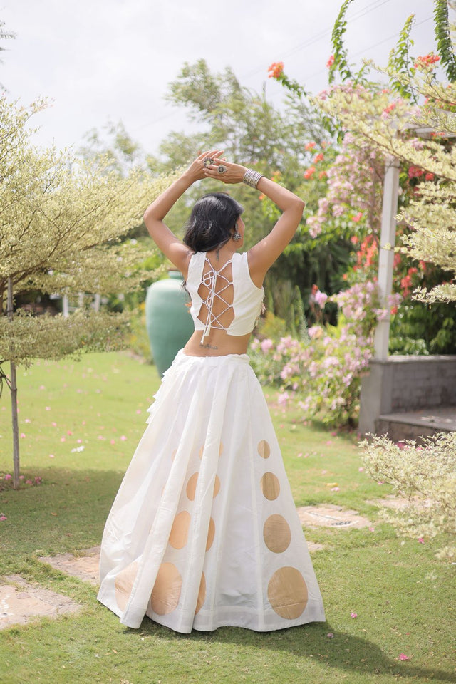 White Mirror Work Blouse with Printed Silk Lehenga (ACA8859)