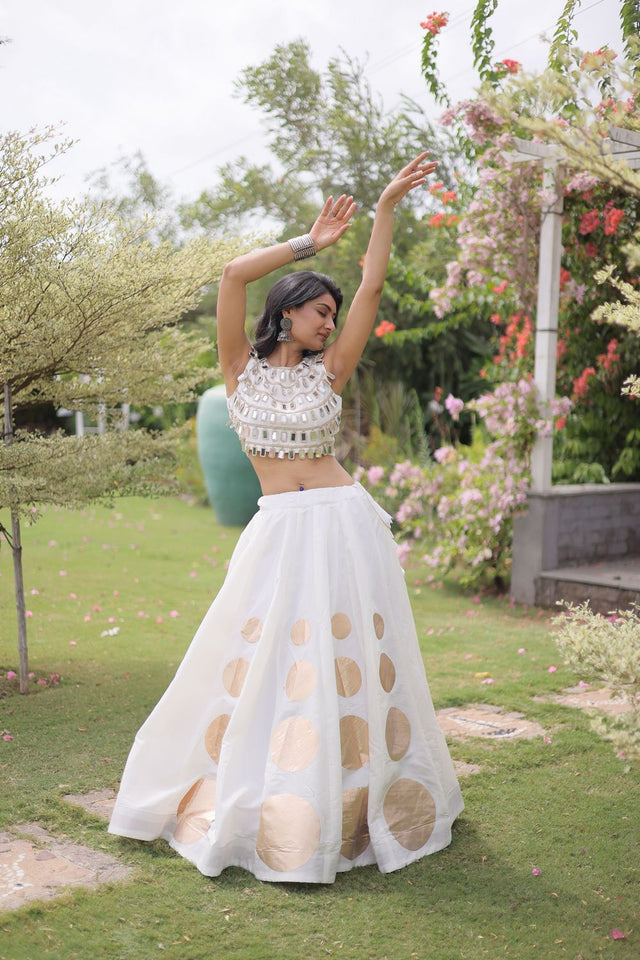 White Mirror Work Blouse with Printed Silk Lehenga (ACA8859)