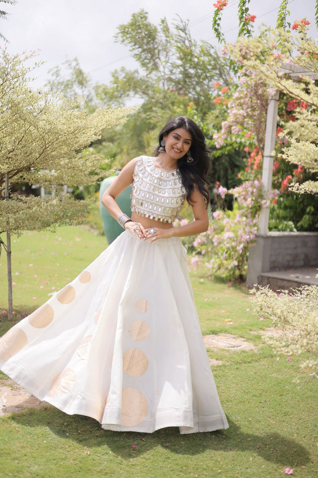 White Mirror Work Blouse with Printed Silk Lehenga (ACA8859)