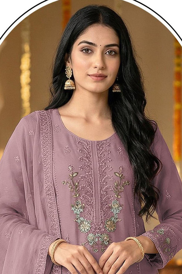 Mauve Floral Embroidered Chiffon Kurti Palazzo Set (ACA8860)