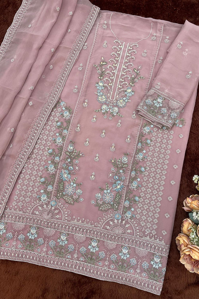 Mauve Floral Embroidered Chiffon Kurti Palazzo Set (ACA8860)
