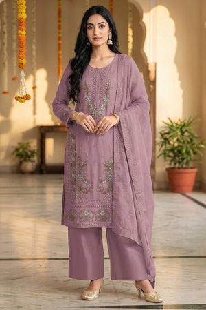 Mauve Floral Embroidered Chiffon Kurti Palazzo Set (ACA8860)