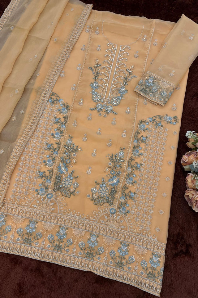 Beige Floral Embroidered Chiffon Kurti Palazzo Set (ACA8861)