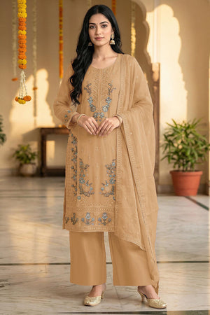 Beige Floral Embroidered Chiffon Kurti Palazzo Set (ACA8861)