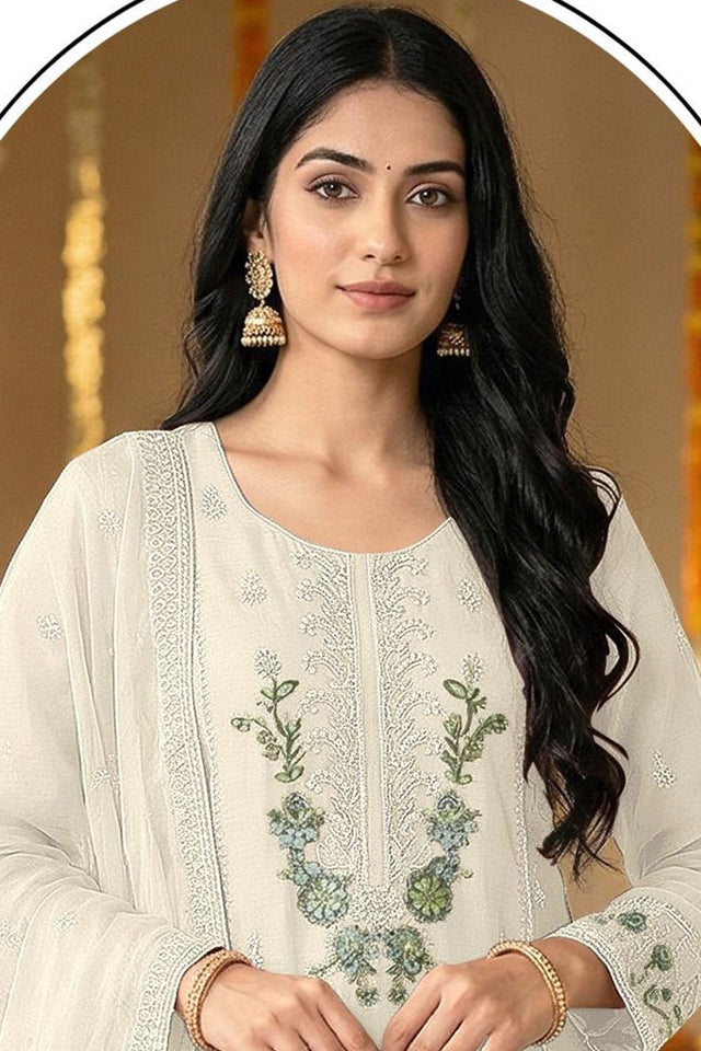 Off White Floral Embroidered Chiffon Kurti Palazzo Set (ACA8862)